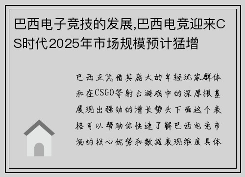 巴西电子竞技的发展,巴西电竞迎来CS时代2025年市场规模预计猛增